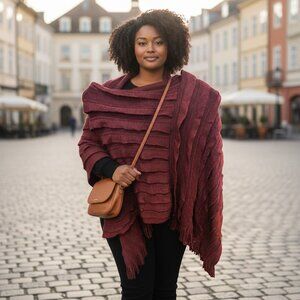 Max Edition Redwine Fringe Knit Wrap Shawl - NWT
